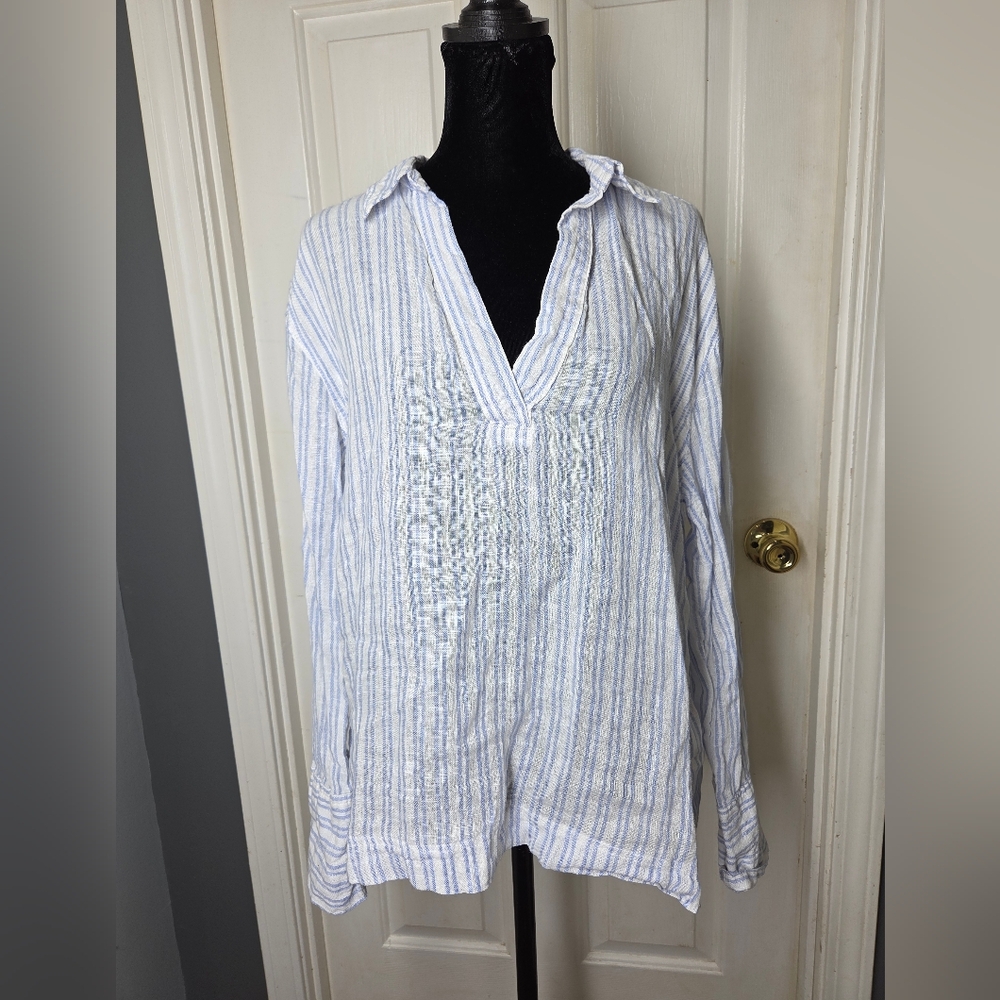 Linen Striped White and Blue Long Sleeve Blouse Martha Stewart Womens Size Small